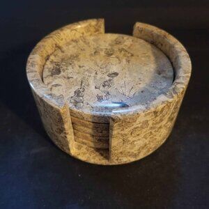 Set Of Fossil Marble Coasters With A Matching Holder